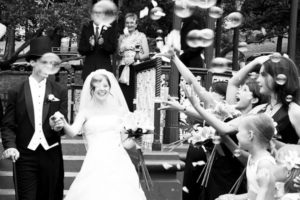 walking the wedding aisle with bubbles
