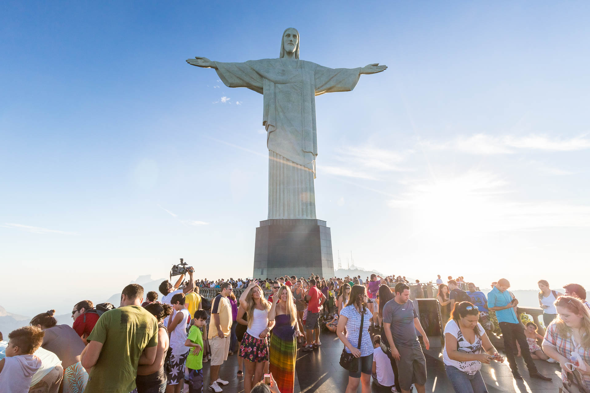 A crowd of tourists visit the iconic Christ the Redeemer statue in Rio de Janeiro, Brazil